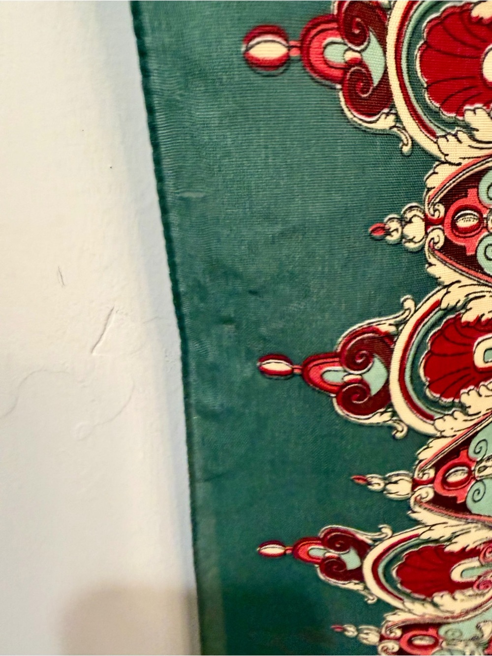 Vintage 80s Baroque Renaissance Floral Square Scarf Green Red Cream Gold Cottage - Picture 9 of 12